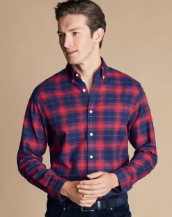 Shop Charles Tyrwhitt Brushed Flannel Check Shirt - Red