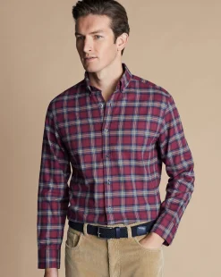 Sale Charles Tyrwhitt Brushed Flannel Check Shirt - Dark Red