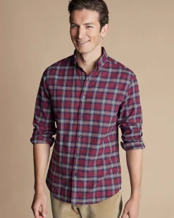 Sale Charles Tyrwhitt Brushed Flannel Check Shirt - Dark Red