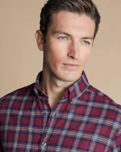 Sale Charles Tyrwhitt Brushed Flannel Check Shirt - Dark Red