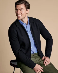 New Charles Tyrwhitt Brushed Wool & Milano Zip Through Jacket - Dark Navy