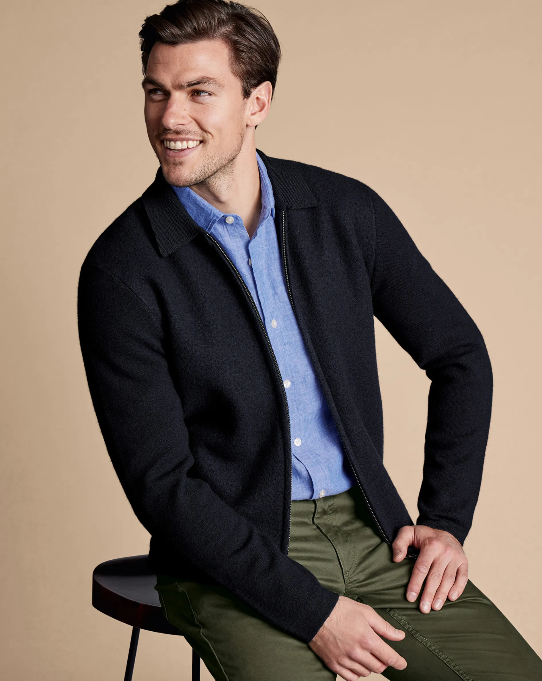 New Charles Tyrwhitt Brushed Wool & Milano Zip Through Jacket - Dark Navy