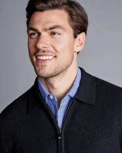 New Charles Tyrwhitt Brushed Wool & Milano Zip Through Jacket - Dark Navy