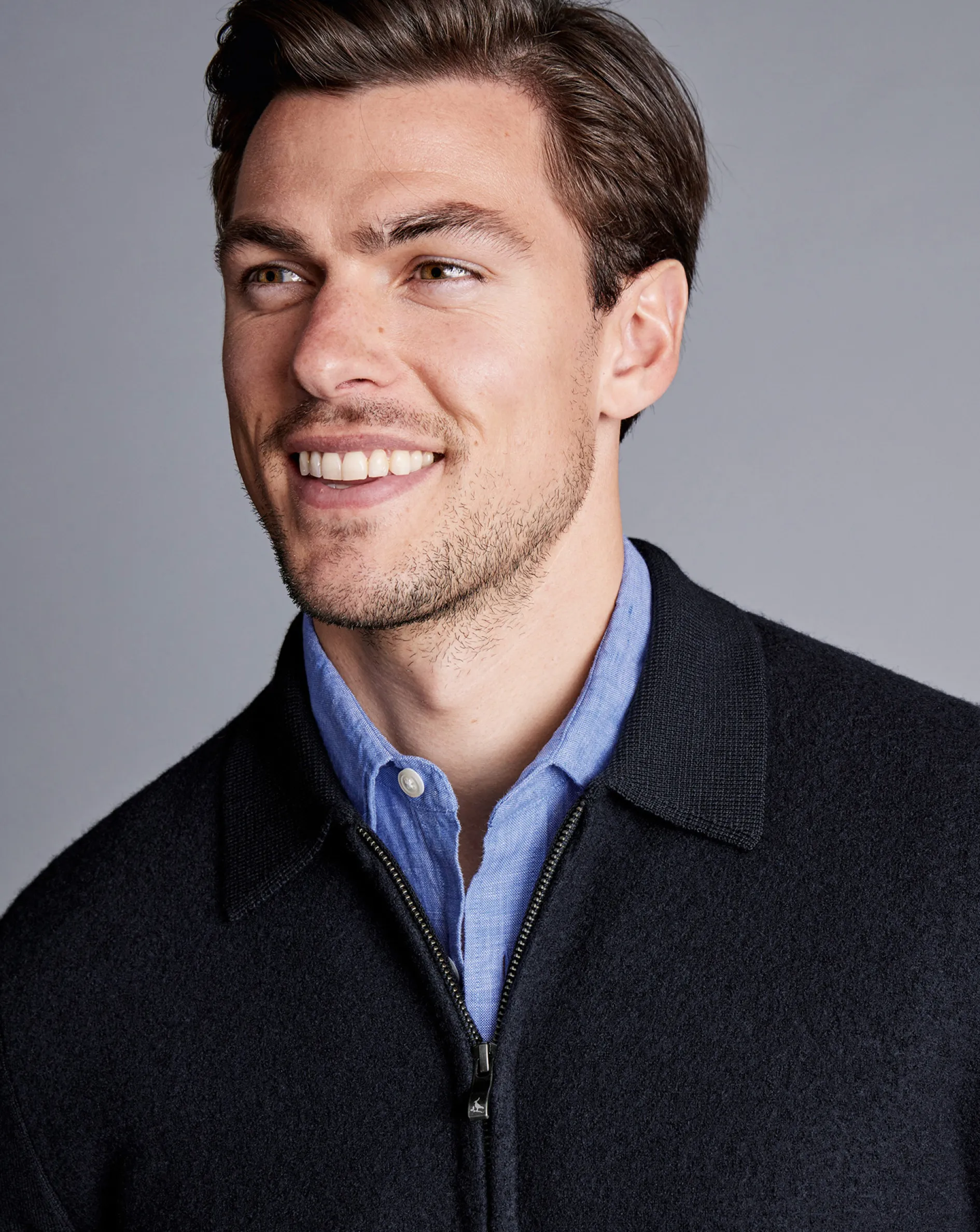 New Charles Tyrwhitt Brushed Wool & Milano Zip Through Jacket - Dark Navy