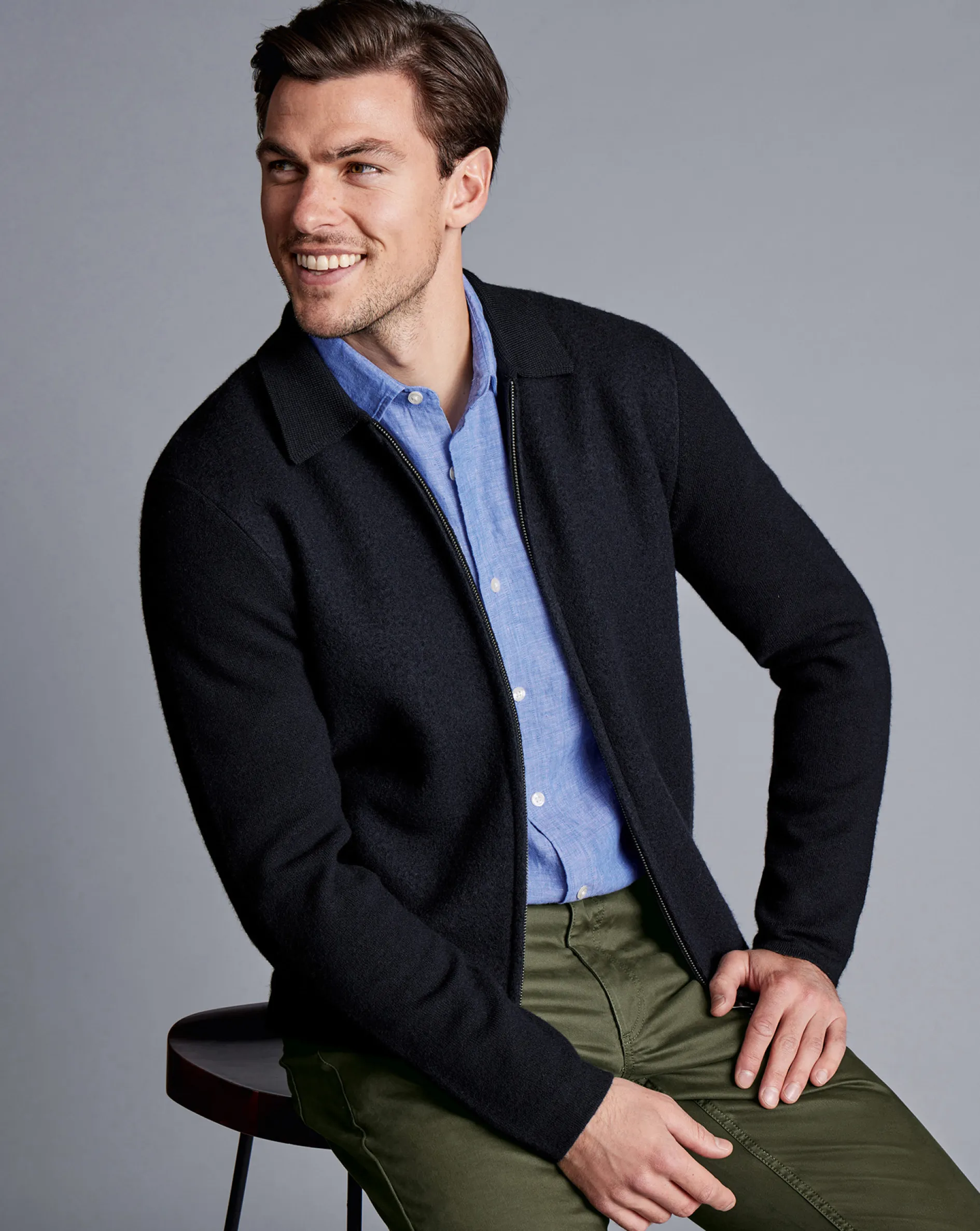 New Charles Tyrwhitt Brushed Wool & Milano Zip Through Jacket - Dark Navy