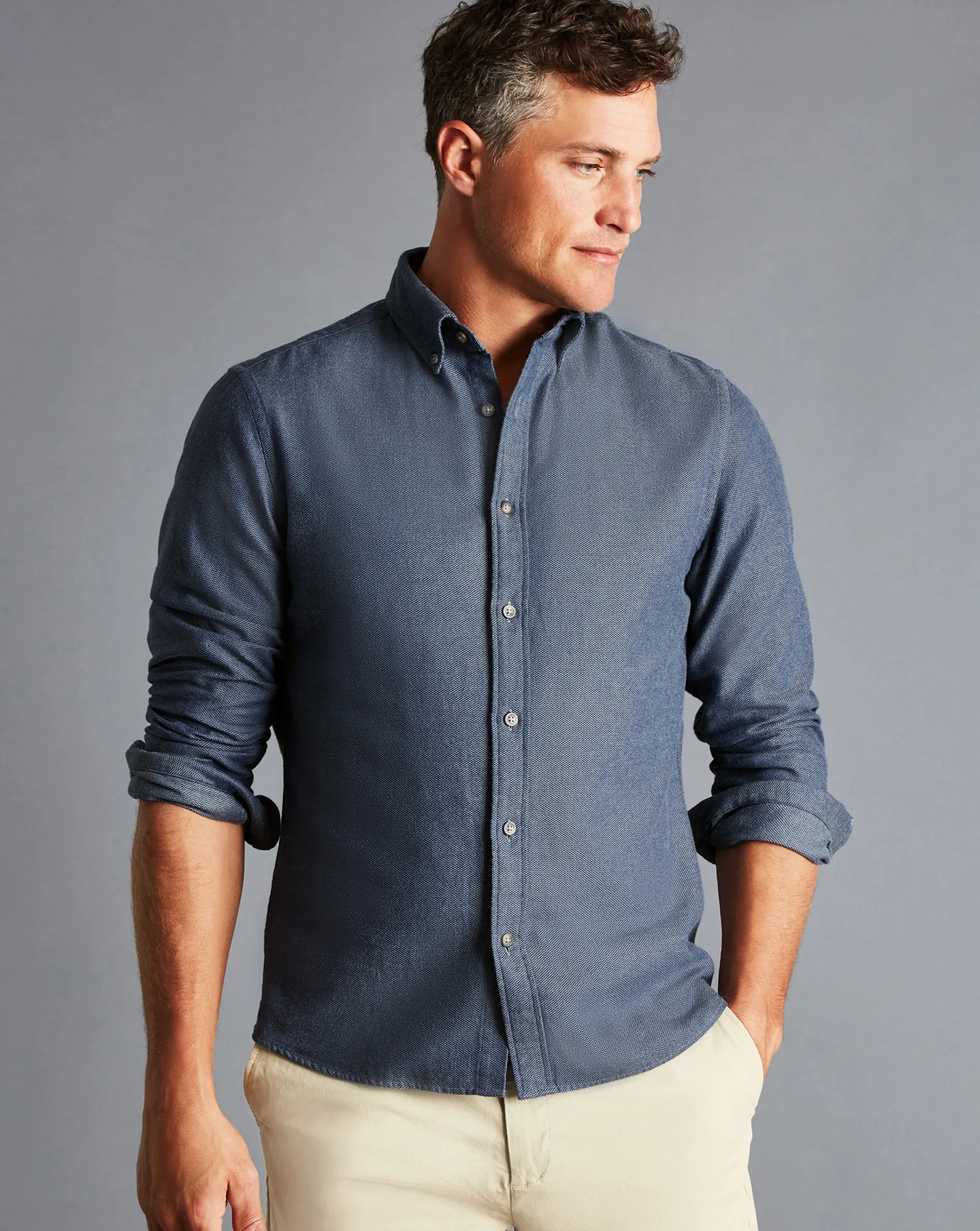 Best Sale Charles Tyrwhitt Button-Down Collar Arrow Dobby Brushed Flannel Shirt - Steel Blue