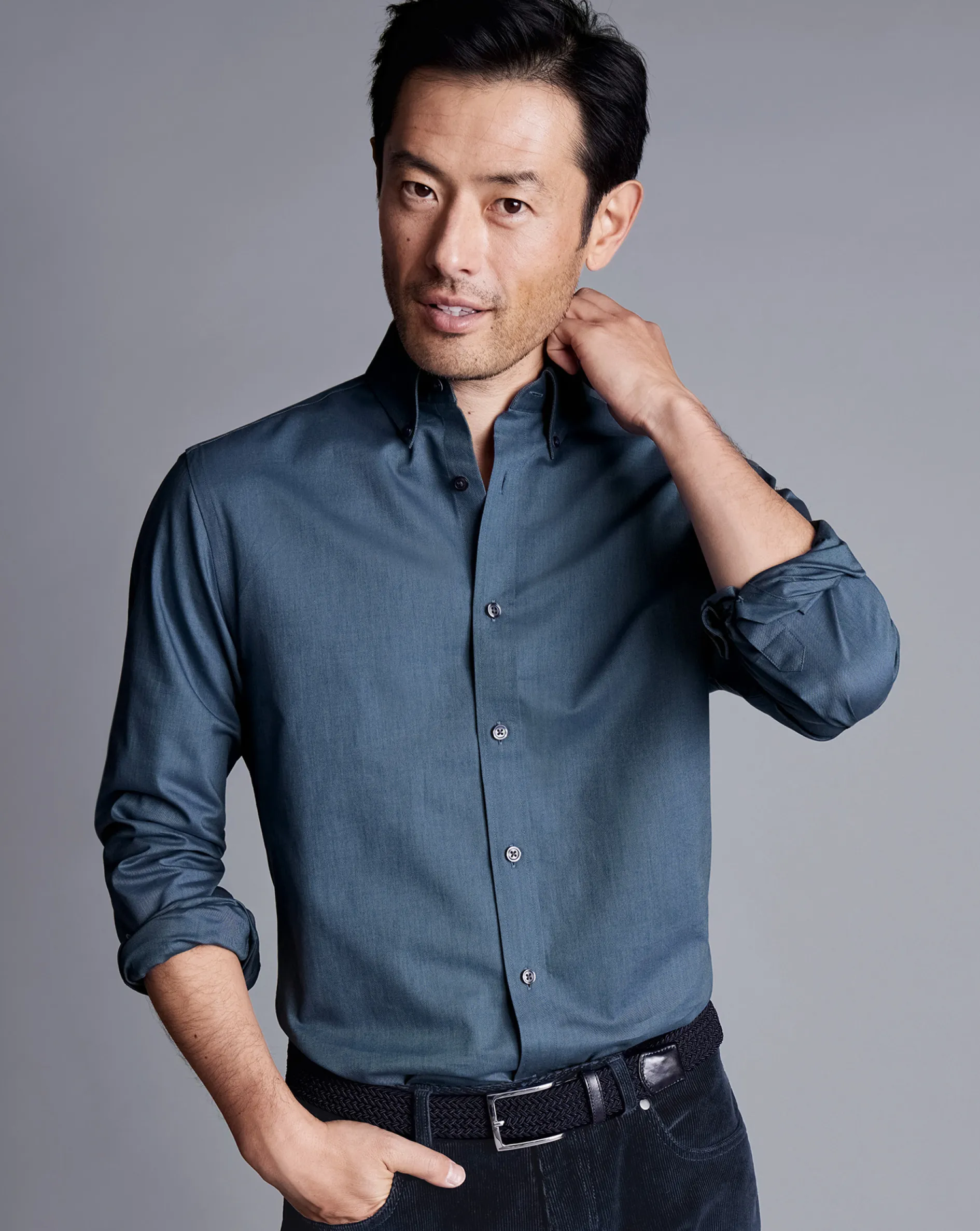 Outlet Charles Tyrwhitt Button-Down Collar Brushed Cotton Twill Shirt - Petrol Blue