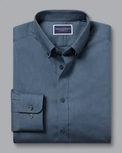 Outlet Charles Tyrwhitt Button-Down Collar Brushed Cotton Twill Shirt - Petrol Blue