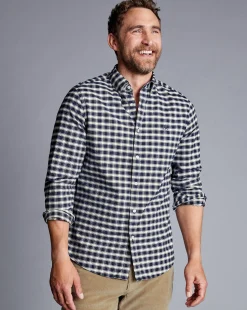 Clearance Charles Tyrwhitt Button-Down Collar Brushed Washed Oxford Grid Check Shirt - Navy
