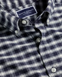 Clearance Charles Tyrwhitt Button-Down Collar Brushed Washed Oxford Grid Check Shirt - Navy