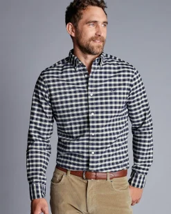 Clearance Charles Tyrwhitt Button-Down Collar Brushed Washed Oxford Grid Check Shirt - Navy