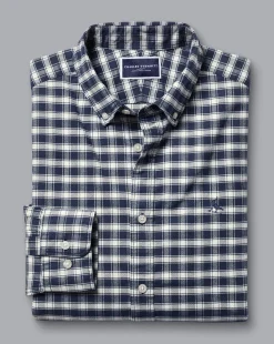 Clearance Charles Tyrwhitt Button-Down Collar Brushed Washed Oxford Grid Check Shirt - Navy