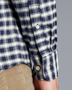 Clearance Charles Tyrwhitt Button-Down Collar Brushed Washed Oxford Grid Check Shirt - Navy