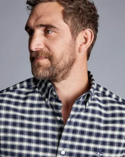 Clearance Charles Tyrwhitt Button-Down Collar Brushed Washed Oxford Grid Check Shirt - Navy