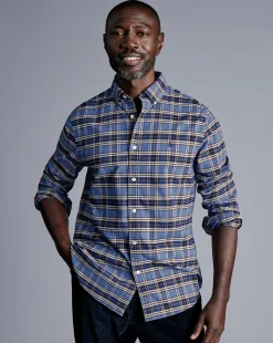 Shop Charles Tyrwhitt Button-Down Collar Brushed Washed Oxford Overcheck Shirt - Blue Indigo