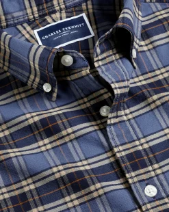 Shop Charles Tyrwhitt Button-Down Collar Brushed Washed Oxford Overcheck Shirt - Blue Indigo