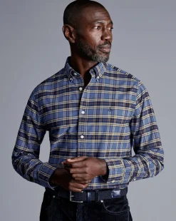 Shop Charles Tyrwhitt Button-Down Collar Brushed Washed Oxford Overcheck Shirt - Blue Indigo