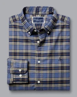 Shop Charles Tyrwhitt Button-Down Collar Brushed Washed Oxford Overcheck Shirt - Blue Indigo