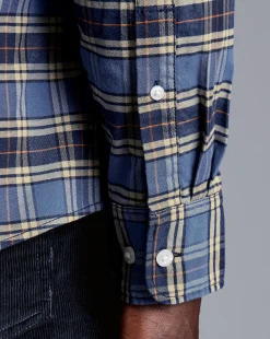 Shop Charles Tyrwhitt Button-Down Collar Brushed Washed Oxford Overcheck Shirt - Blue Indigo