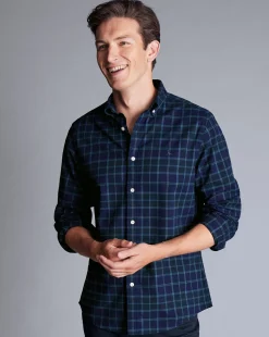 Shop Charles Tyrwhitt Button-Down Collar Brushed Washed Oxford Check Shirt - Heather Blue