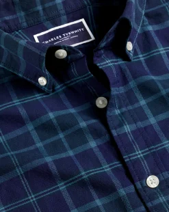 Shop Charles Tyrwhitt Button-Down Collar Brushed Washed Oxford Check Shirt - Heather Blue