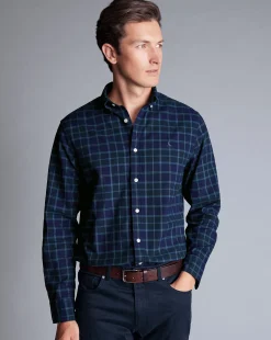Shop Charles Tyrwhitt Button-Down Collar Brushed Washed Oxford Check Shirt - Heather Blue