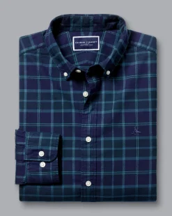 Shop Charles Tyrwhitt Button-Down Collar Brushed Washed Oxford Check Shirt - Heather Blue