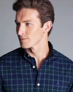 Shop Charles Tyrwhitt Button-Down Collar Brushed Washed Oxford Check Shirt - Heather Blue