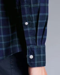 Shop Charles Tyrwhitt Button-Down Collar Brushed Washed Oxford Check Shirt - Heather Blue