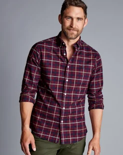 Shop Charles Tyrwhitt Button-Down Collar Brushed Washed Oxford Check Shirt - Dark Red
