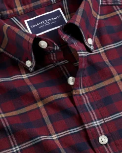 Shop Charles Tyrwhitt Button-Down Collar Brushed Washed Oxford Check Shirt - Dark Red