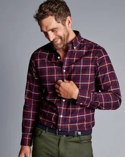 Shop Charles Tyrwhitt Button-Down Collar Brushed Washed Oxford Check Shirt - Dark Red