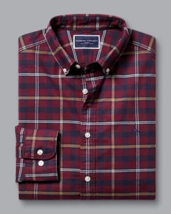 Shop Charles Tyrwhitt Button-Down Collar Brushed Washed Oxford Check Shirt - Dark Red