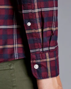 Shop Charles Tyrwhitt Button-Down Collar Brushed Washed Oxford Check Shirt - Dark Red