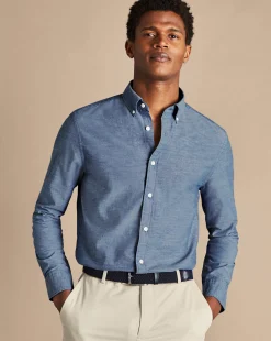 New Charles Tyrwhitt Button-Down Collar Chambray Shirt - Indigo Blue
