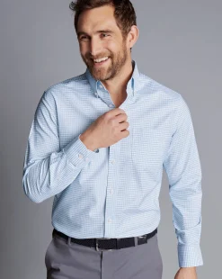 Cheap Charles Tyrwhitt Button-Down Collar Check Non-Iron Stretch Oxford Shirt - Cornflower Blue