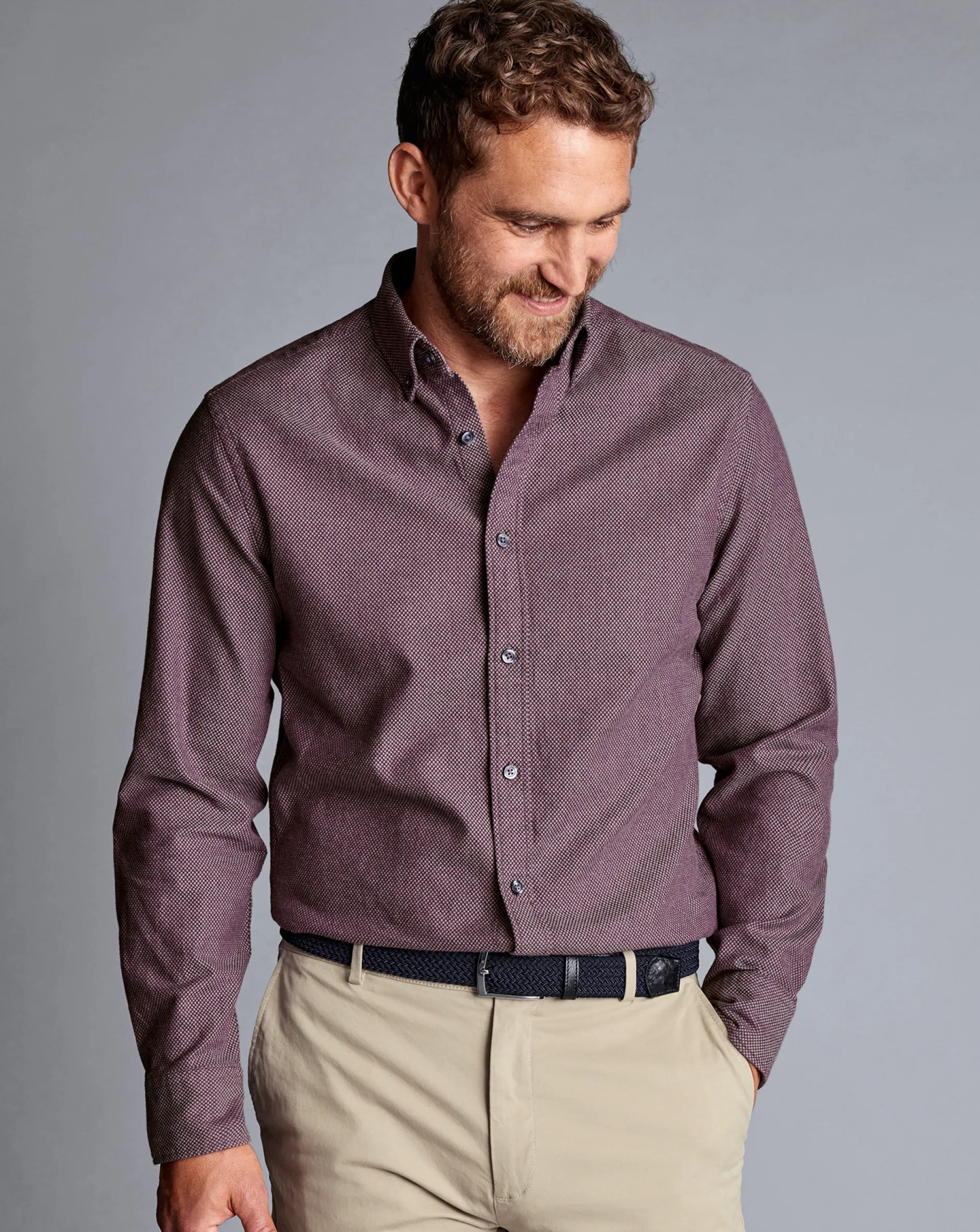 Sale Charles Tyrwhitt Button-Down Collar Dobby Flannel Shirt - Blackberry Purple