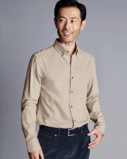 Clearance Charles Tyrwhitt Button-Down Collar Dobby Flannel Shirt - Oatmeal
