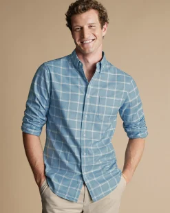 Hot Charles Tyrwhitt Button-Down Collar Non-Iron Twill Windowpane Check Shirt - Mid Blue