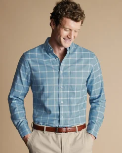 Hot Charles Tyrwhitt Button-Down Collar Non-Iron Twill Windowpane Check Shirt - Mid Blue
