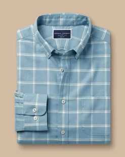 Hot Charles Tyrwhitt Button-Down Collar Non-Iron Twill Windowpane Check Shirt - Mid Blue