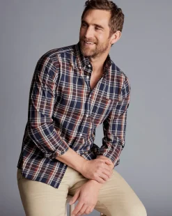 Outlet Charles Tyrwhitt Button-Down Collar Non-Iron Stretch Poplin Plaid Check Shirt - Rust