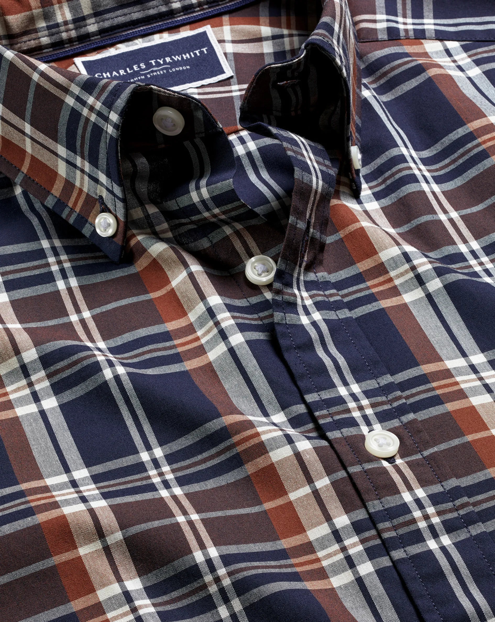Outlet Charles Tyrwhitt Button-Down Collar Non-Iron Stretch Poplin Plaid Check Shirt - Rust