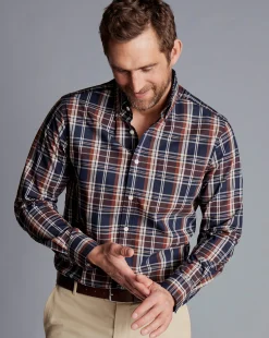 Outlet Charles Tyrwhitt Button-Down Collar Non-Iron Stretch Poplin Plaid Check Shirt - Rust