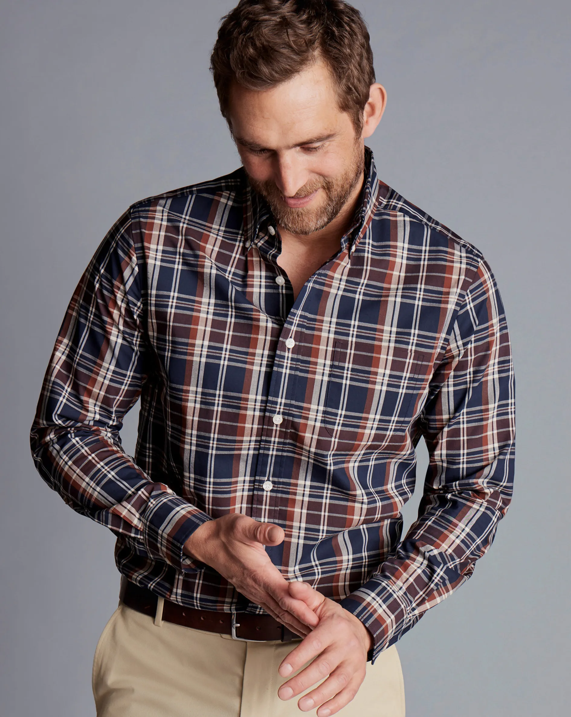 Outlet Charles Tyrwhitt Button-Down Collar Non-Iron Stretch Poplin Plaid Check Shirt - Rust