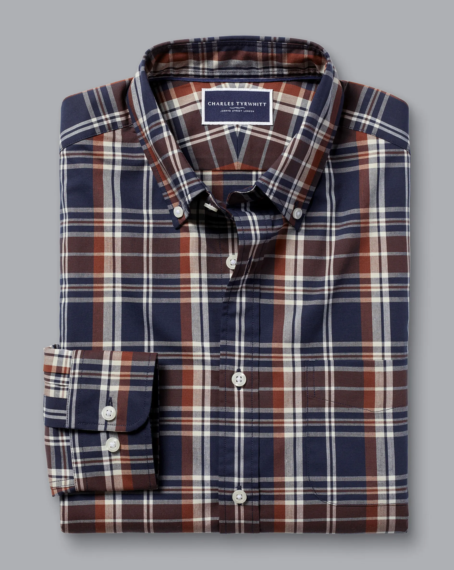 Outlet Charles Tyrwhitt Button-Down Collar Non-Iron Stretch Poplin Plaid Check Shirt - Rust