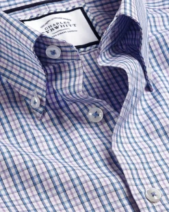 Sale Charles Tyrwhitt Button-Down Collar Non-Iron Oxford Multi Check Shirt- Mauve Purple