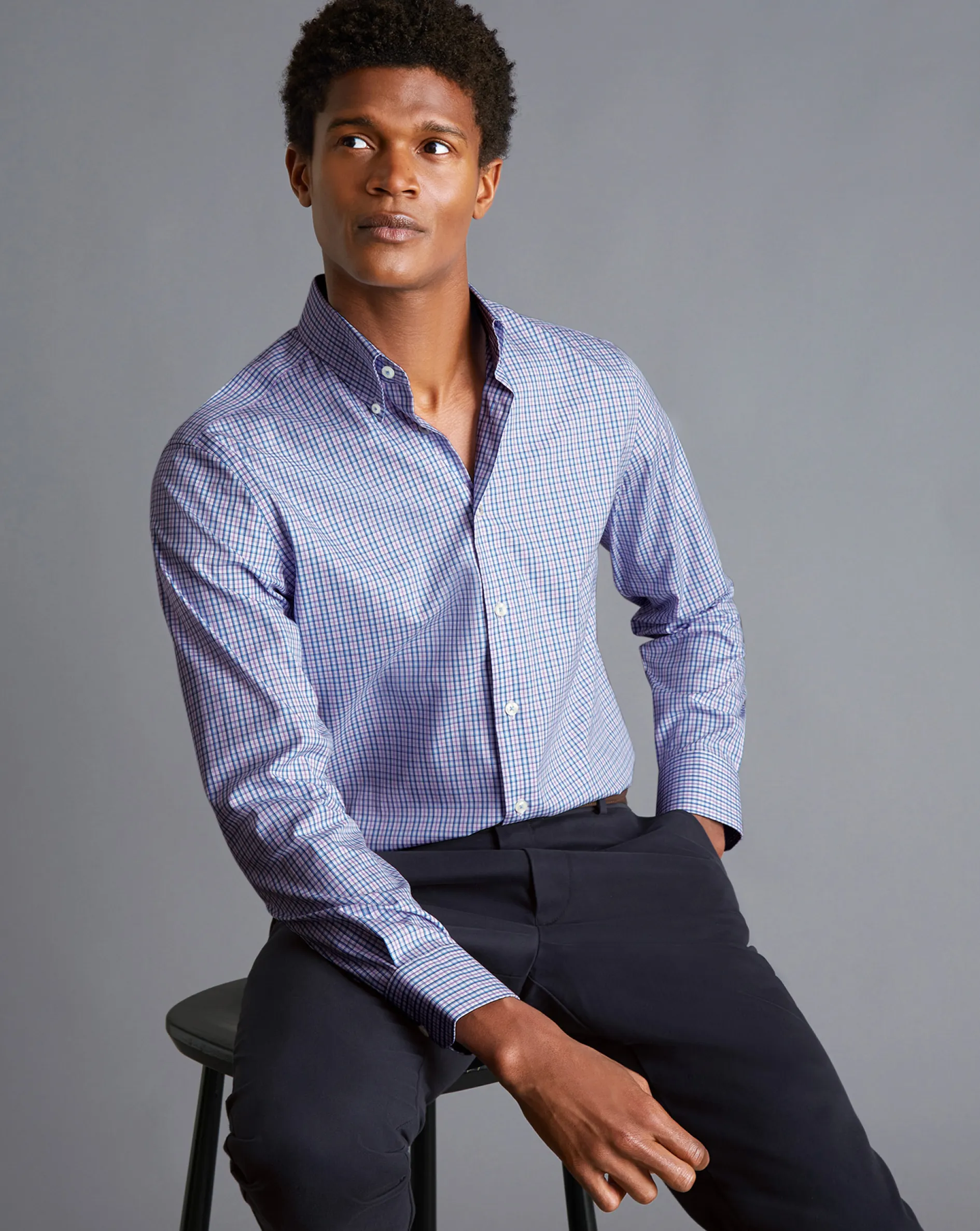Sale Charles Tyrwhitt Button-Down Collar Non-Iron Oxford Multi Check Shirt- Mauve Purple