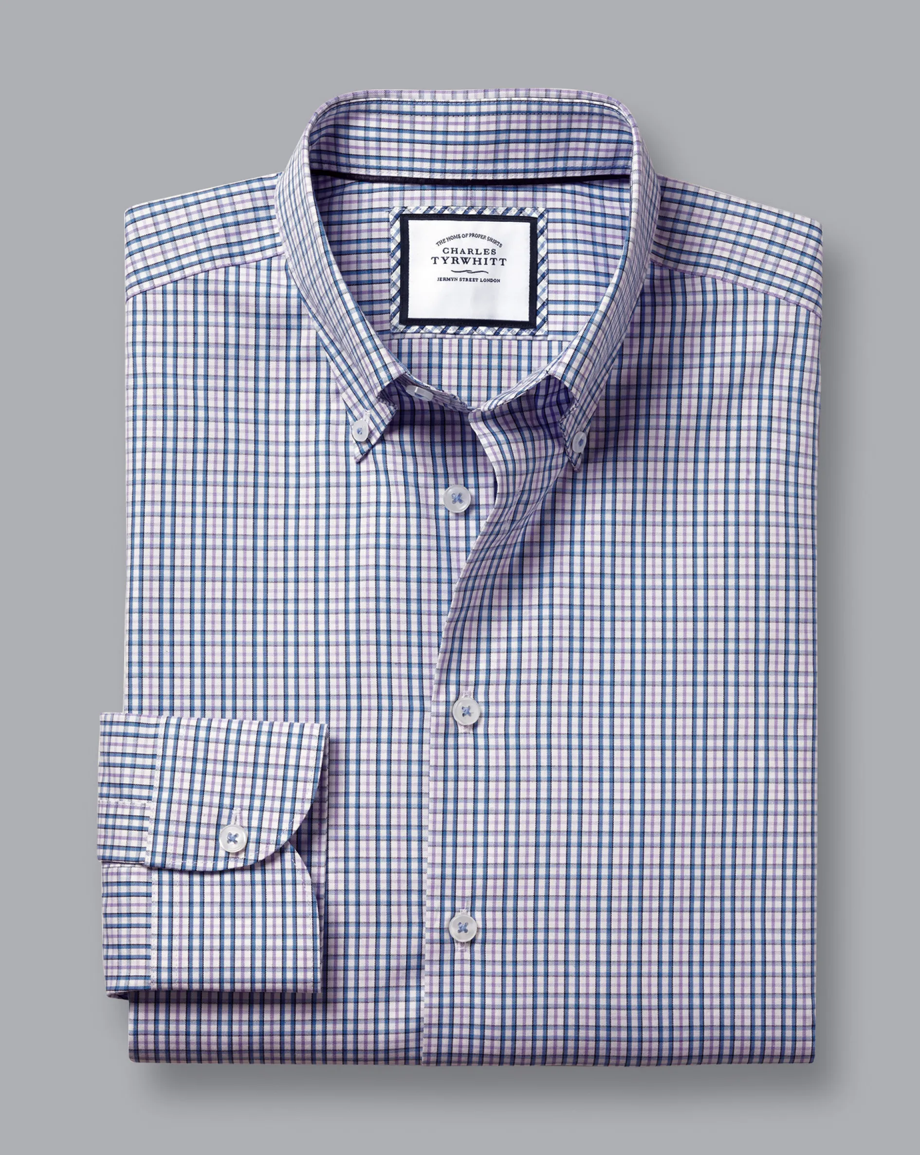 Sale Charles Tyrwhitt Button-Down Collar Non-Iron Oxford Multi Check Shirt- Mauve Purple