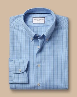 Clearance Charles Tyrwhitt Button-Down Collar Non-Iron Check Oxford Shirt - Cornflower Blue
